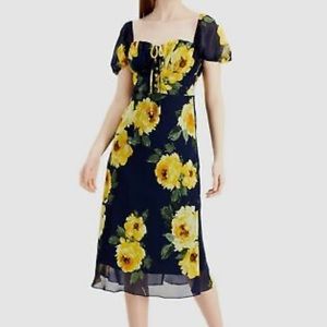 B Darlin Juniors' Women's Blue Floral-Print Puff-Sleeve Midi Dress Size15/16